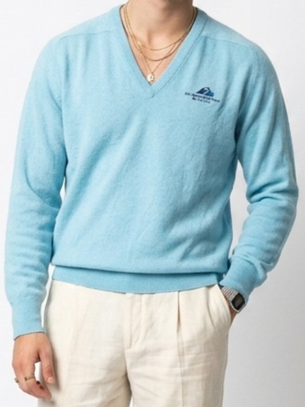 IZOD Naples Beach Golf Club V Neck Sweater Blue Large Vintage 70s